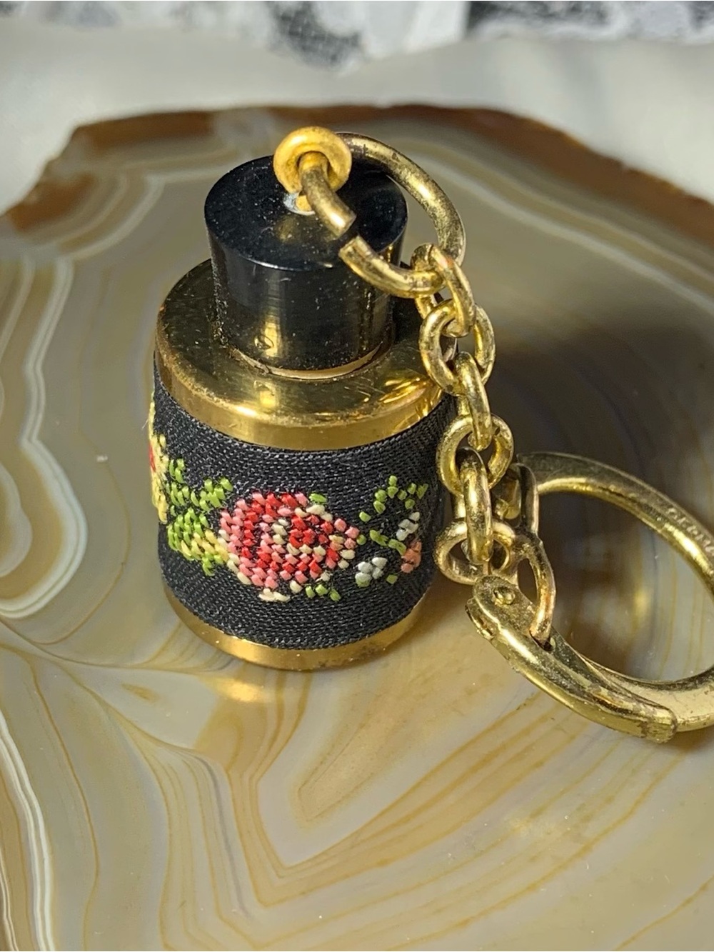 Antique Miniature Perfume Bottle Gold-Tone Floral Embroidered  Keychain -